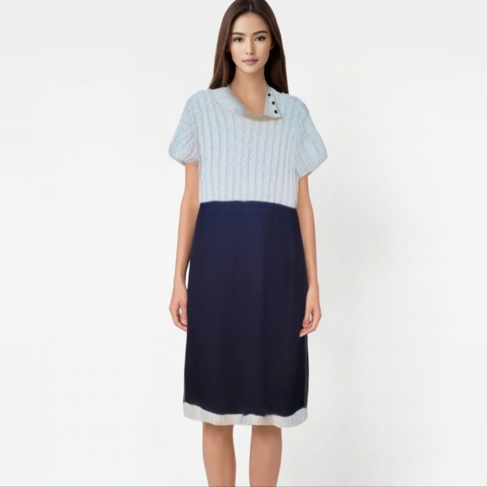 Tahari wool blend black cream colorblock cable knit cowl neck sweater dress M